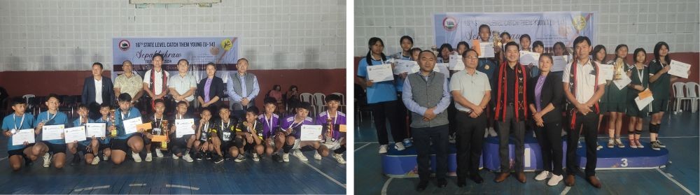 (Left) Winners of boy’s category (Right) Winners of girl’s category of Sepaktakraw Tournament 2024 held at Indira Gandhi Stadium, Kohima.